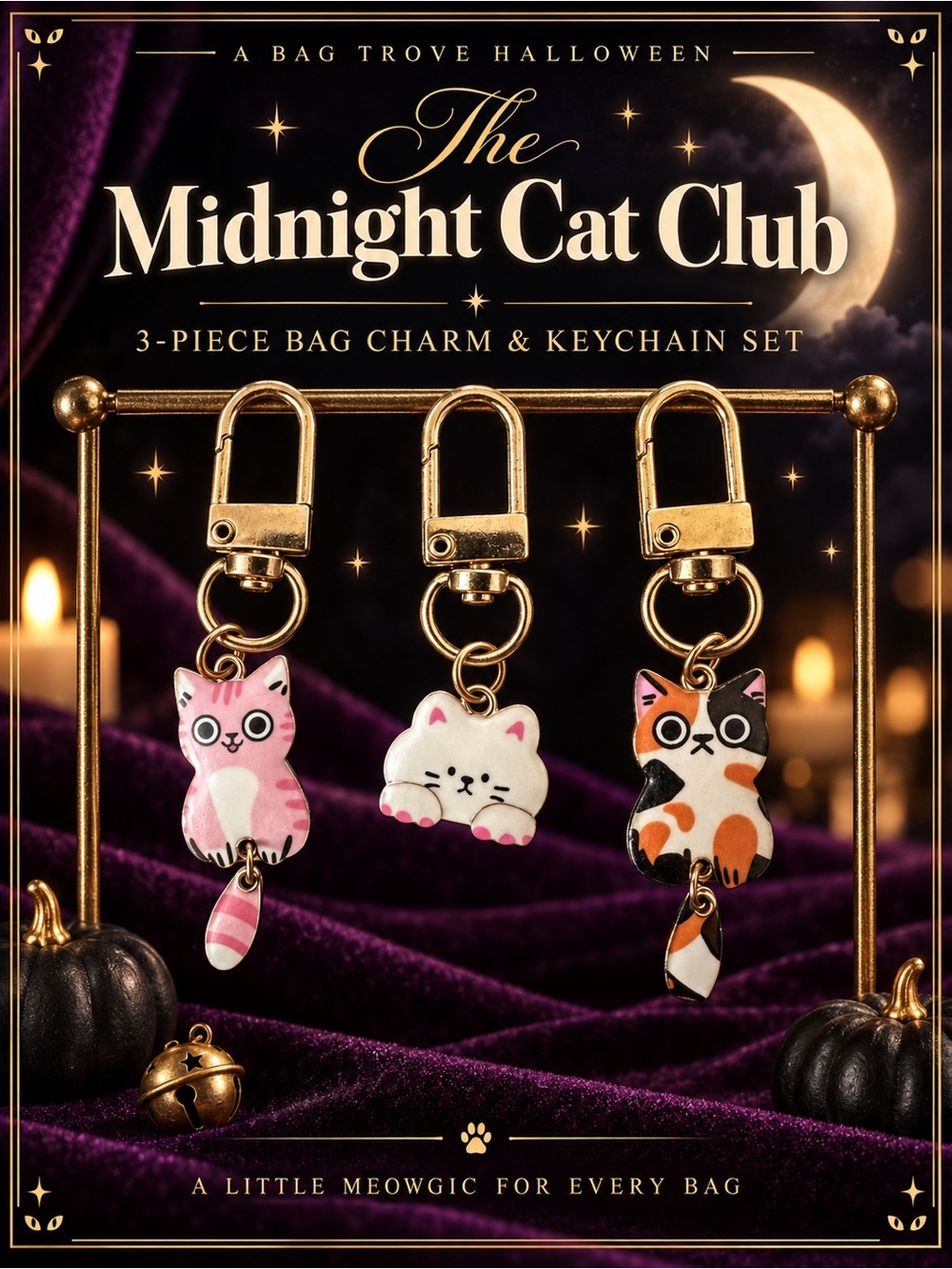 Cat Keychain & Bag Charm 3 Piece  Set NWT Bag Accessory. Halloween Gift